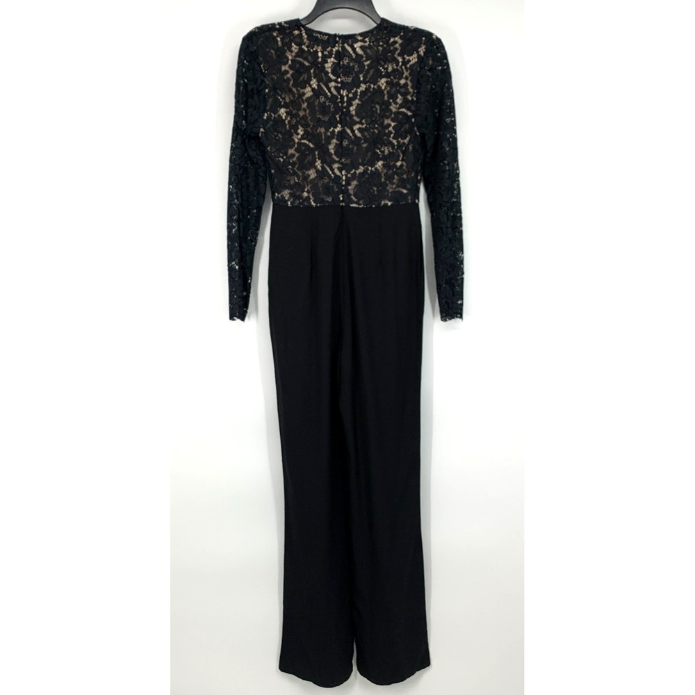 Missguided Jumpsuit Womens Size 2 Black Lace Plunge V Neck Long Sleeve Straight - Picture 8 of 13